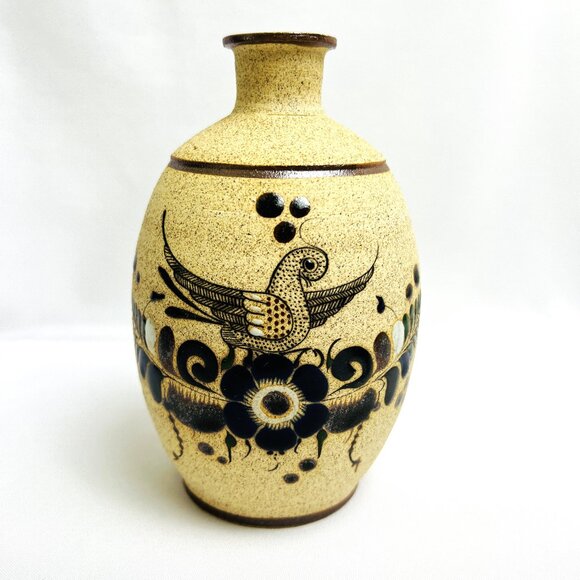 Tonala Mexican Folk Art Pottery Vintage Sandstone Vase Signed Netzi Mexico - Picture 1 of 7